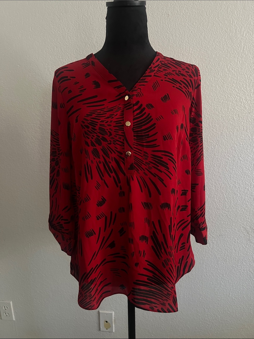 JM Collection Red and Black Printed V-Neck Tunic with Button Placket